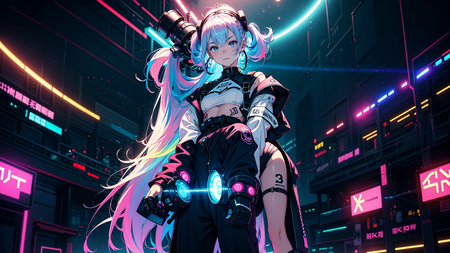 close up, 1 girl, standing alone, [dark blue and pink hair: blue and pink hair:0.2], cyber punk, hightech, in, mechanical parts, Looking at the audience, blackw eyes, long hair, Super Tech Women's Luminous Laser Overalls, cyber punk mechanical body parts, with tattoos, hinterland, luminous laser earrings. hight contrast, natta, blackw, [freckles:0.9], reflective transparent rainbow, long hair, breastsout, white skin Korean woman&#39;s most beautiful face, seductive expression, (relaxed pose: 1.5), Eva, complex background, Sony A6300, extremely beautiful and beautiful anime illustration, with cinematic perspective，(relaxed pose: 1. 5), Eva, complex background, Sony A6300, extremely beautiful and beautiful anime illustration with a cinematic perspective.