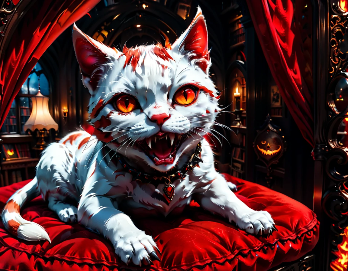 a portrait of vampiric cat, close up portrait of white cat with white fur, shiny fur, red glowing eyes, vampiric feline fangs, he has a red diamond collar, he sits on  a black velvet pillow, intricate detailed pillow, (full body shot: 1.3), dark fantasy library in the background, Ultra-high resolution, High Contrast, (masterpiece:1.5), (anatomically correct: 1.4), highest quality, Best aesthetics), best details, best quality, highres, ultra wide angle, 16k, [ultra detailed], masterpiece, best quality, (extremely detailed), Amber cat eyes, vampire teeth, 