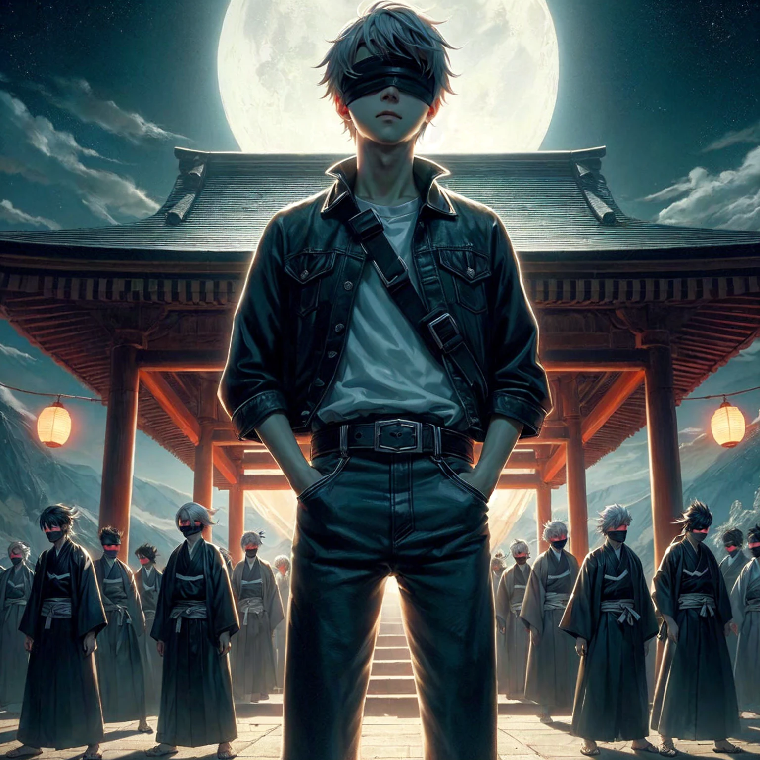 Jujutsu Kaisen Gojo Satoru , white hair ,Black blindfold , Black leather strap along the body