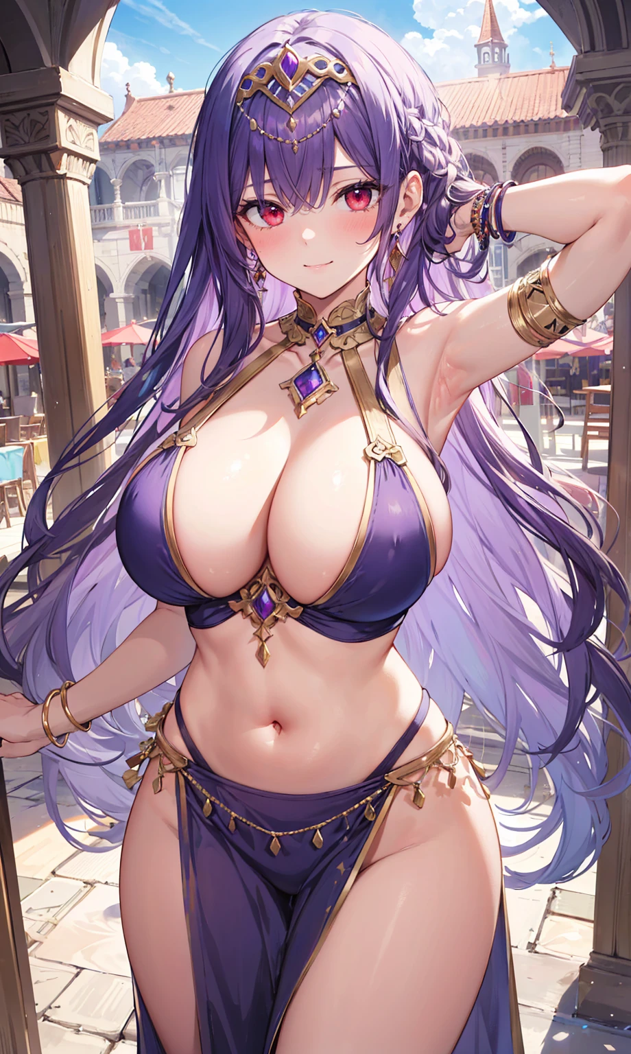 high quality, ultra detailed, best quality, insanely detailed, beautiful, masterpiece, 1girl, medieval plaza, cowboy shot, red eyes, long hair, purple hair, belly dancer, circlet, earrings, armlets, bracelets, bashful smile, large breasts, cleavage, soft stomach