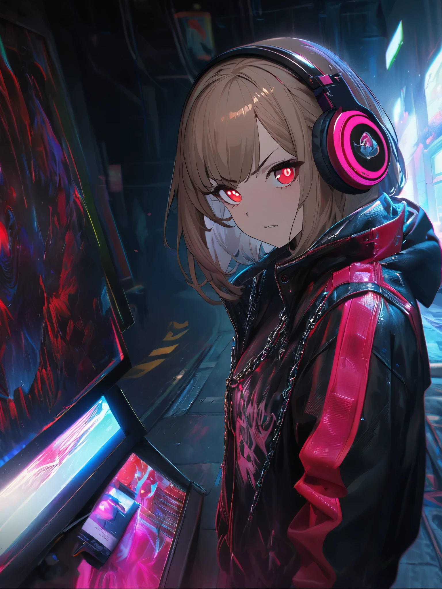 1 Girl, chromatic aberration, Written boundary depth, Soft Light, masterpiece, Highest quality, complicated, Tone Mapping, Very detailed, Art Station, Concept Art, Smooth, Clear focus, Dramatic lighting, Very detailed artwork, movie, super practical painting, Art Station's trending, 8K, Incredible Shadows, practical, (Very detailed background:1.0), whole body, View, Viewers, Very detailed portrait of one girl 1, standing on street corner, Heavy rain and lightning、Dark Sky, neon and cyber punk background, she is dressed in punk clothing with silver chains and silver spikes, Her hair was dyed light brown.......,The middle part is black, She is wearing headphones, Detailed red eyes with clear pupils, Ominous aura of light, Angry face, punk, Cyber Rock, Backlight.Fashionable clothes、No knowledge of horses'tail、Dress code: Stylish appearance,Her hair is tied up cutely with a ribbon.
