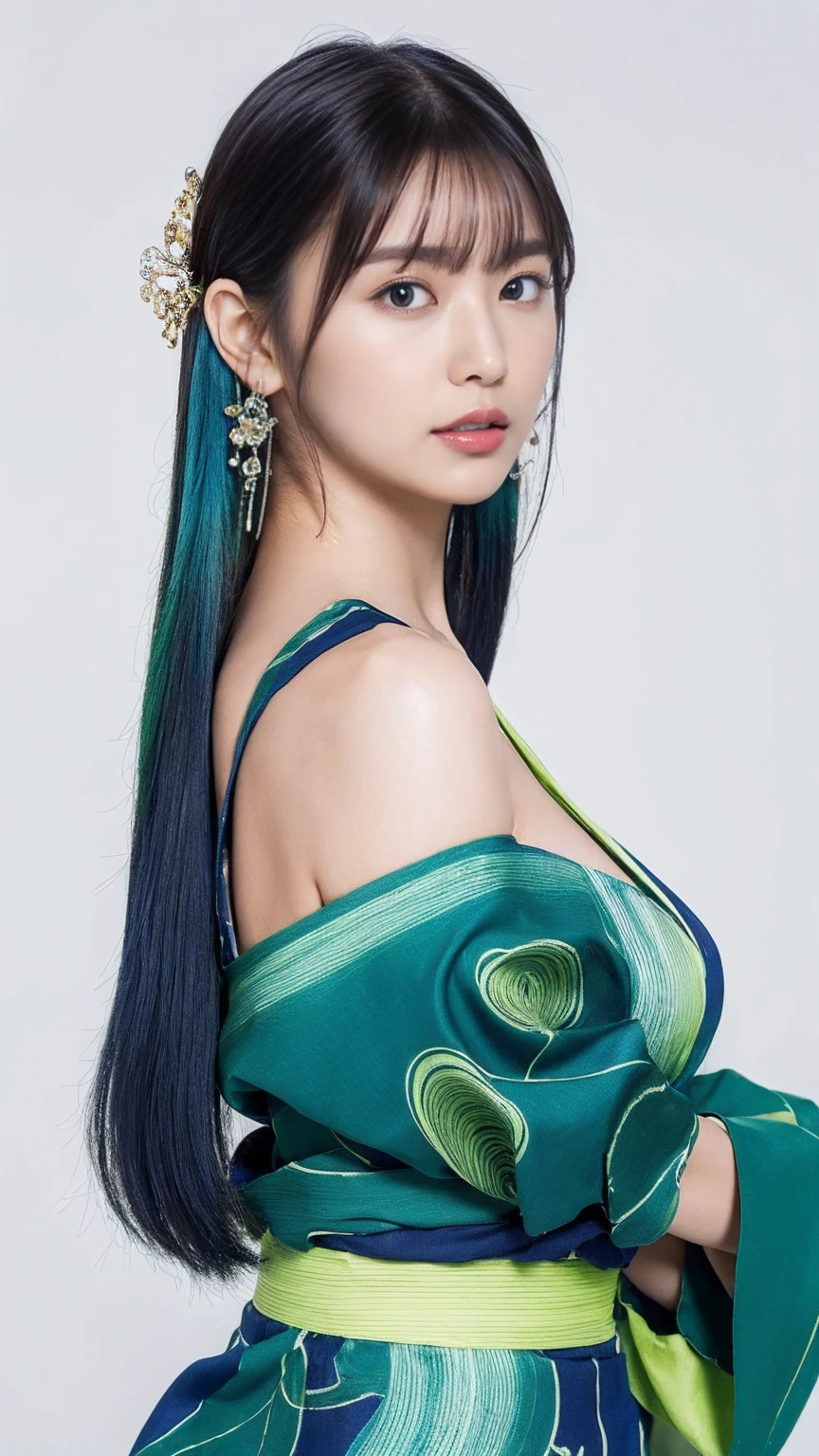 (masterpiece, Highest quality, High resolution:1.4), wallpaper, whole body, One Girl, Long Hair, (Blue Hair:1.0), (Black Hair:1.0), Green Eyes, Multicolored Hair, Gradient Hair, Large Breasts, Look to the side, yukata , night, Hair Clip, bangs,