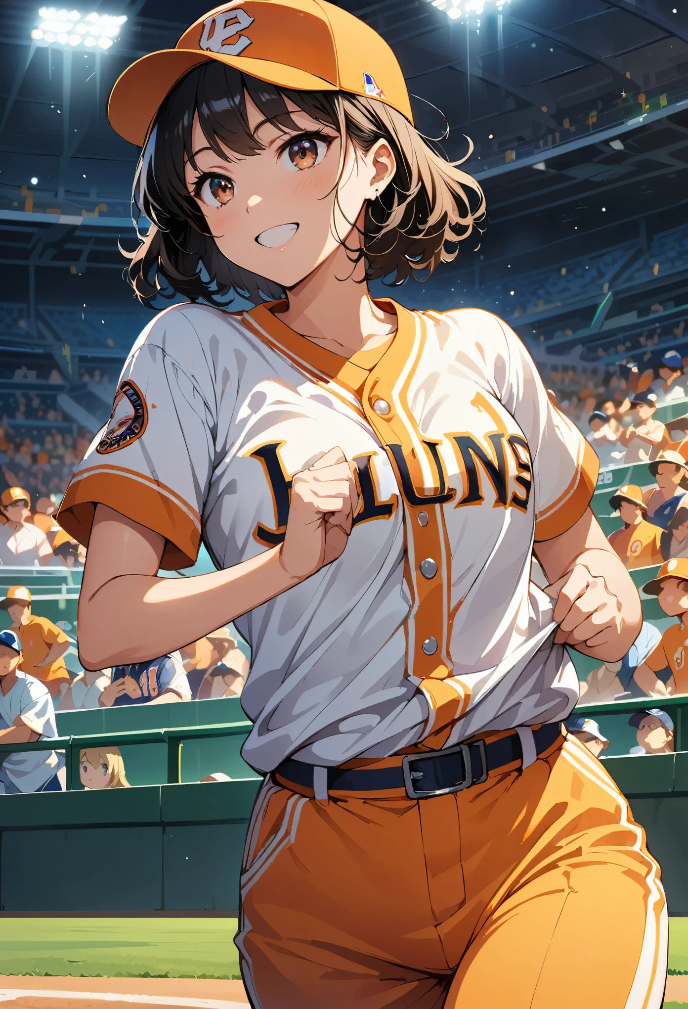 ((1 Female, Pro baseball player)), Black Hair, short hair, Brown eyes, Saitama Astraia, ((Baseball Player:1.2, Jump and catch the ball)), Orange and white baseball uniform, Pants Style, Baseball Cap, Detailed Grab, Sharp Eyes, Accurate ball catch, Stadium frenzy, Back screen and scoreboard, Cheering squad in the audience, Lively atmosphere, Dynamic Angle, stadium lighting, ((Anime illustration)), (Highest quality:1.2, Very detailed, Ultra-high resolution, High Detail, masterpiece:1.2, Best aesthetics).