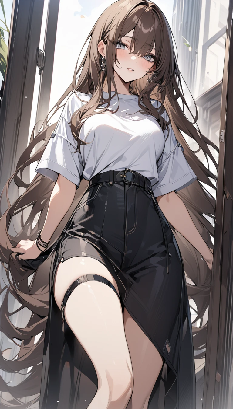 Highest quality masterpiece High resolution masterpiece Brown Hair Cover one eye Grey Eyes Super long hair Casual Outfits