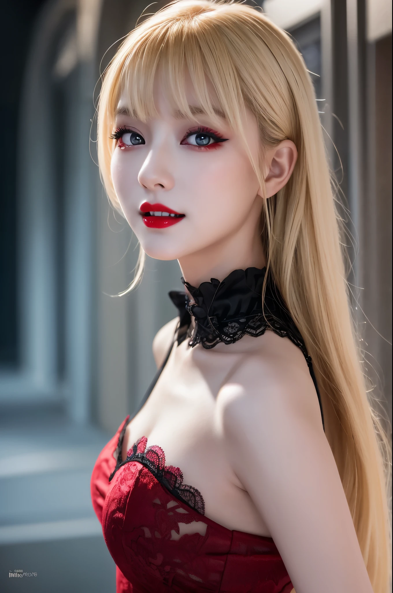 8K、Photorealistic RAW photos of the highest quality。so beautiful(A vivid face) Bright colors、Image of a perfect adult woman、Laughter、Art Station Trends、masterpiece、8K resolution、Fantasy art、Ultra-high resolution,,Mr..々Pause,charm,sexy,Rich colors, Backlight, Cinema Lighting, Film Grain, to be born, 50mm lens, Nikon D850,Vampire Queen,Glowing red eyes,White skin,Ultra-Realistic Skin,Gorgeous red and black dress,Red lipstick,Red nails,Inside the Labyrinth,Vampire Fangs,sexyな外装,blonde,Adult women,