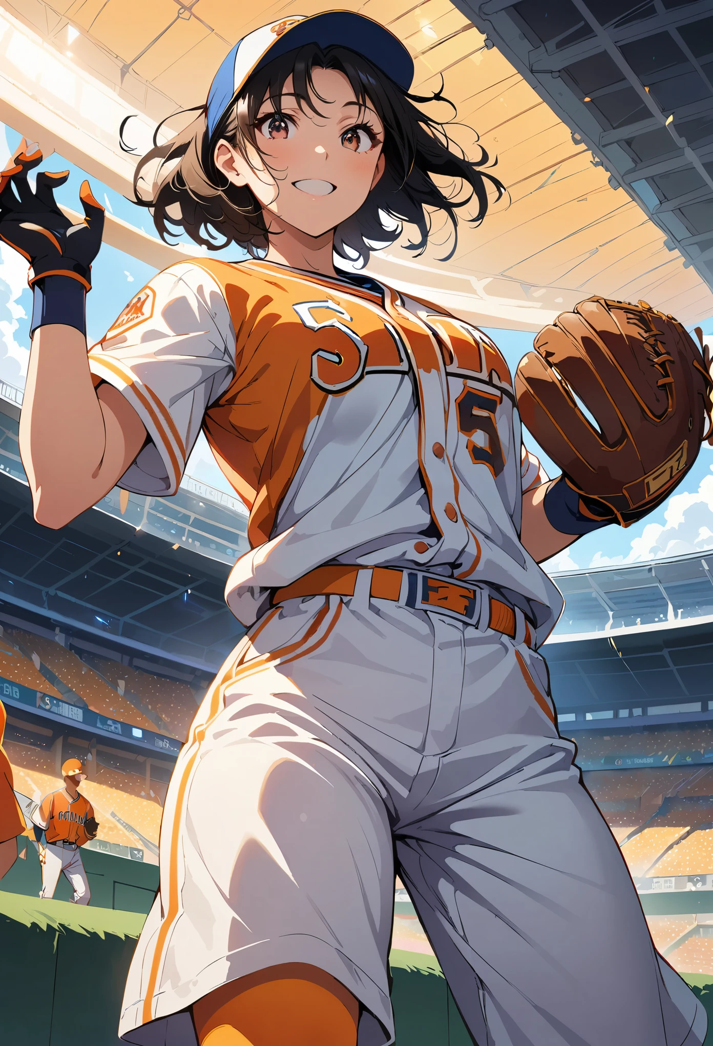 ((1 Female, Pro baseball player)), Black Hair, short hair, Brown eyes, Saitama Astraia, ((Baseball Player:1.2, Jump and catch the ball)), Orange and white baseball uniform, Pants Style, Baseball Cap, Detailed Grab, Sharp Eyes, Accurate ball catch, Stadium frenzy, Back screen and scoreboard, Cheering squad in the audience, Lively atmosphere, Dynamic Angle, stadium lighting, ((Anime illustration)), (Highest quality:1.2, Very detailed, Ultra-high resolution, High Detail, masterpiece:1.2, Best aesthetics).