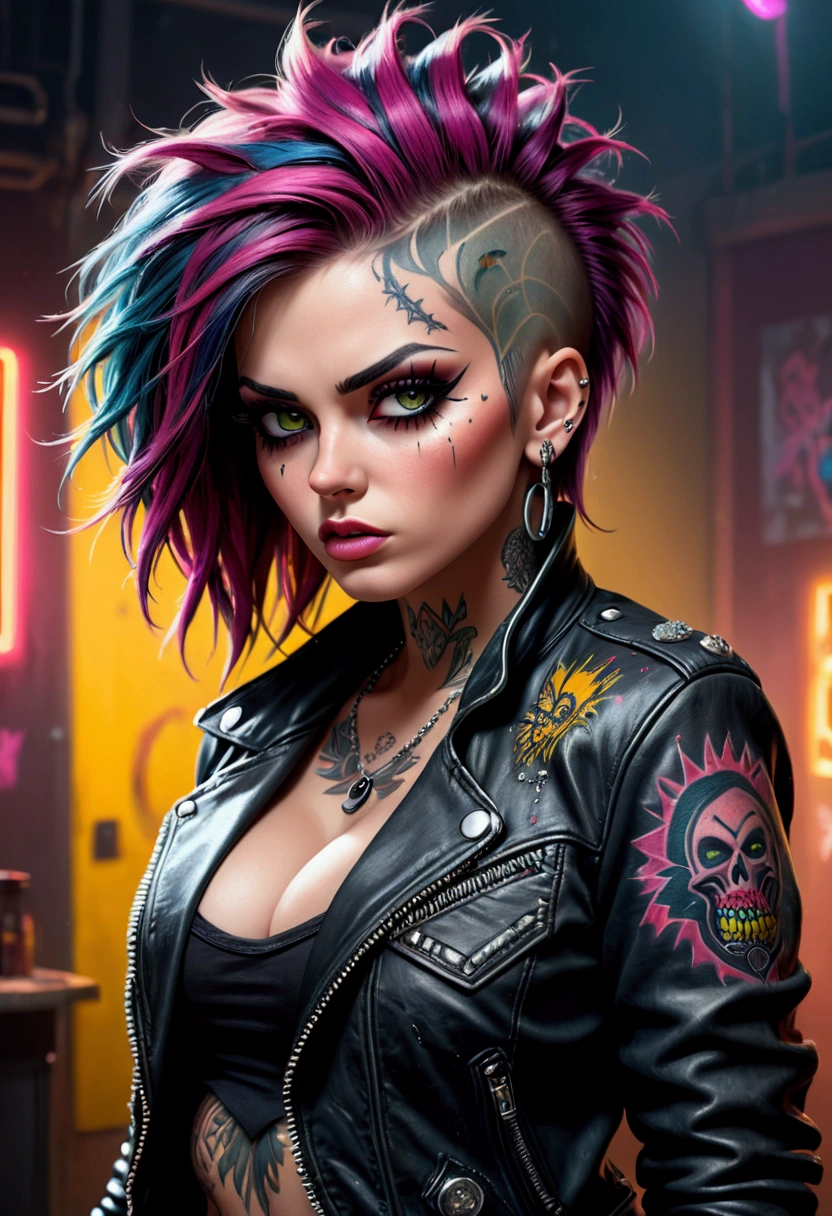 a female punk rocker with large breasts, rebellious and avant-garde, disheveled hair, detailed facial features, extremely detailed eyes and face, long eyelashes, intricate tattoos, multiple piercings, leather jacket, ripped jeans, heavy makeup, dark moody lighting, dramatic shadows, vibrant colors, neon highlights, grunge texture, dynamic pose, high contrast, digital painting, concept art, cinematic composition, (best quality,4k,8k,highres,masterpiece:1.2),ultra-detailed,(realistic,photorealistic,photo-realistic:1.37)