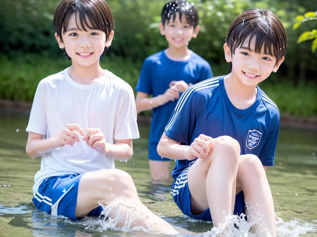 In the forest、Swimming in the river、Use Water Magic、Cute elementary school boy、10Year old boy、Boy in gym clothes、The bottom of the white T-shirt is blue、Blue shorts、The boys are playing、Get wet all over、Noisy boys、Splashing Water、Japanese、(Boy 1.4)