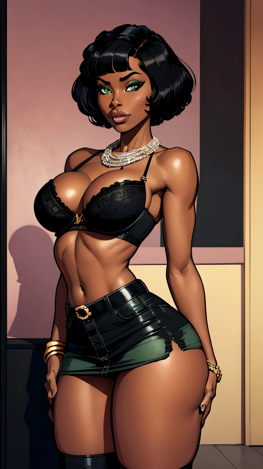 africana, darkskin,mulher negra usando óculos big fit ass de grau, Beautiful detailed green eyes,Chanel black short hair,long eyelashes. In a mini skirt and black bra, vestimentas, neckleace. big fit ass ,big fit ass legs,busty. comic style, extremely sexy.