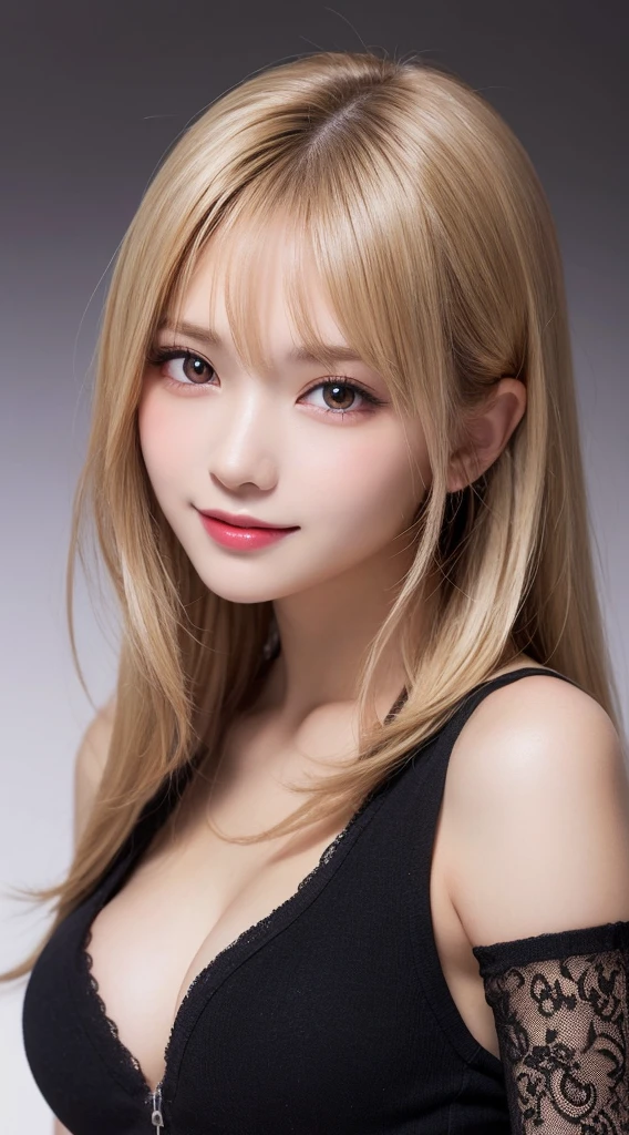 18 year old beautiful girl, Big eyes, Large Breasts, Small and slim, 8K, Highest quality, (Highly detailed head: 1.0), (Highly detailed face: 1.0), (Very fine hair: 1.0), Highly detailed official artwork, Anime Moe Art Style, Beautiful and detailed anime art, smile, Blonde, sleek long hair