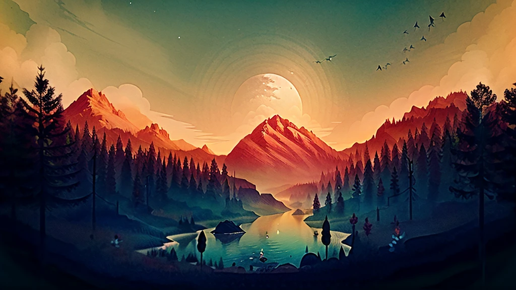 first person view, a lake, a house near the lake, the night, fire flies, flowers, moonligh, clouds, high qualiy, minimalistic