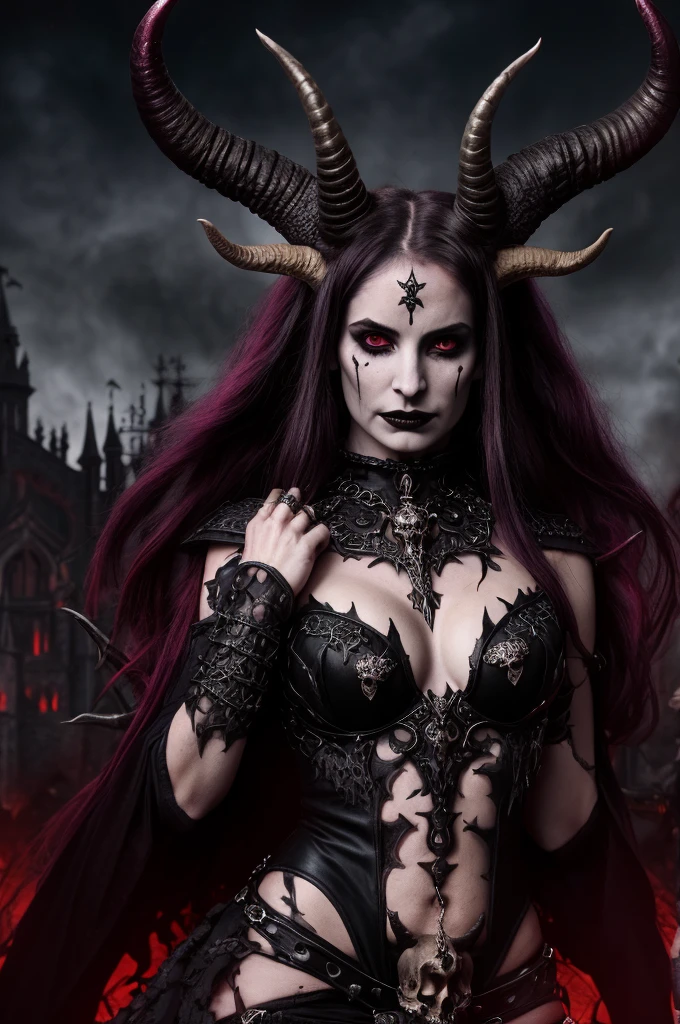 arafed woman holding a skull with horns , with horns, adorned with demon skulls, horns. dark colors, with an animal skull for a head, demon horns, demoness, black horns, horned, ram skull headpiece, lilith, succubus, medieval, detailed dark castle background