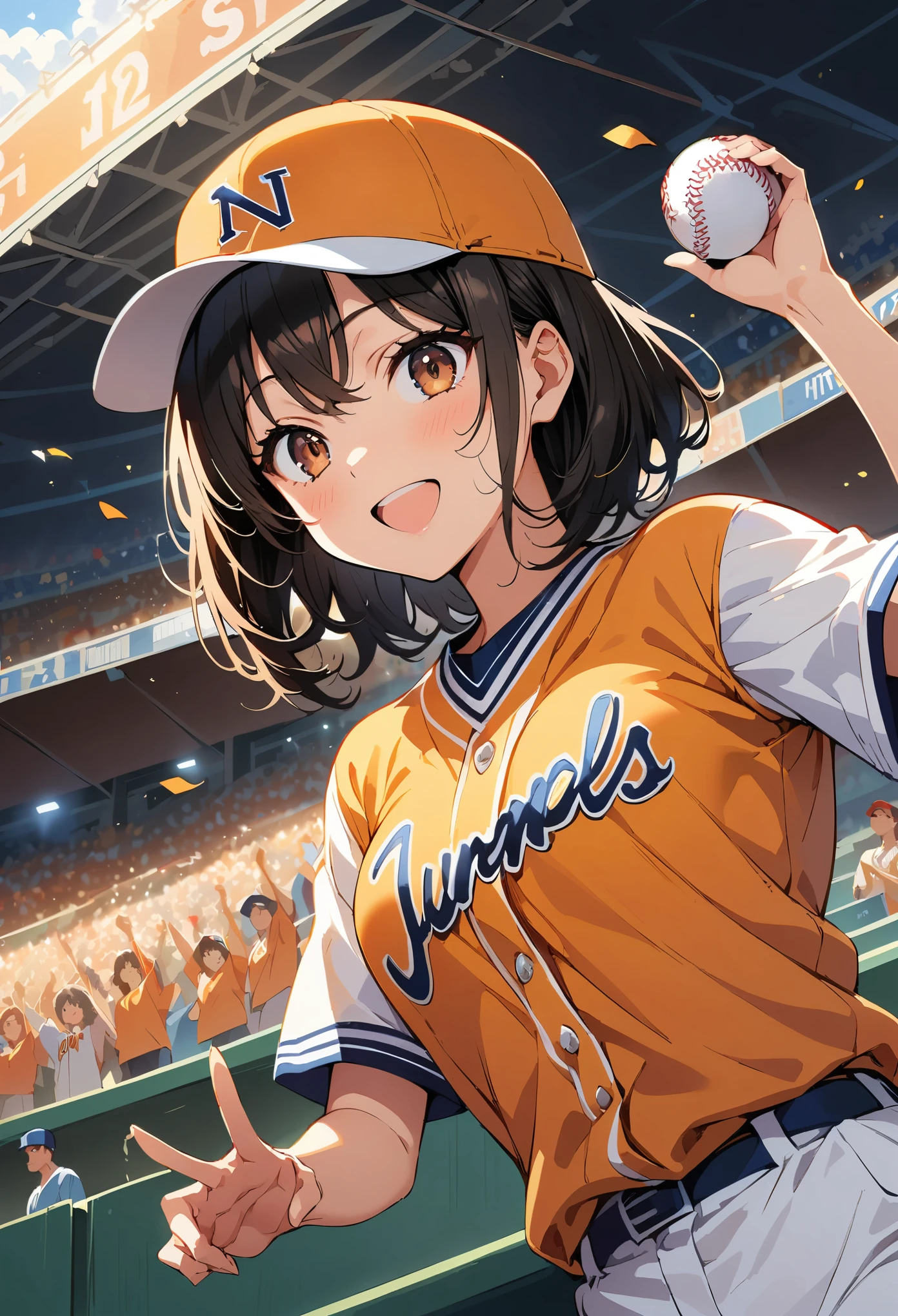 ((1 Female, Pro baseball player)), Black Hair, short hair, Brown eyes, Saitama Astraia, ((Baseball Player:1.2, Jump and catch the ball)), Orange and white baseball uniform, Pants Style, Baseball Cap, Detailed Grab, Sharp Eyes, Accurate ball catch, Stadium frenzy, Back screen and scoreboard, Cheering squad in the audience, Lively atmosphere, Dynamic Angle, stadium lighting, ((Anime illustration)), (Highest quality:1.2, Very detailed, Ultra-high resolution, High Detail, masterpiece:1.2, Best aesthetics).