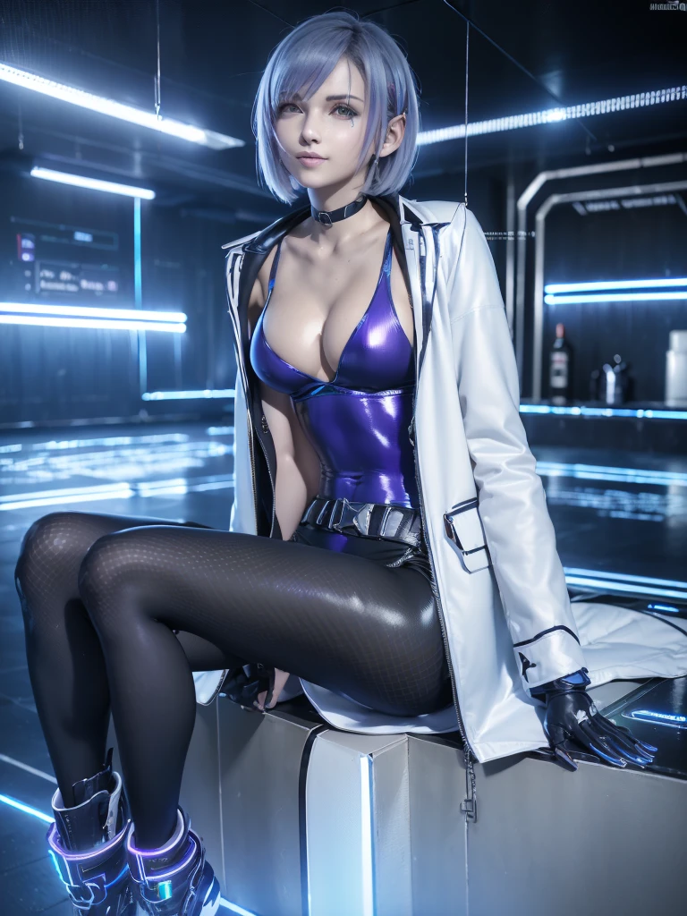 (masterpiece:1.3), (8K、photorealistic, Raw photo, best quality:1.4), (1 girl), (solo), (cute, little:1.3), (very cute face:1.2), (Symmetrical perfect face), ((beautiful silver bob cut hairstyle)), bangs, hair is messy, (intense purple eyes, strong eye highlights, realistic目, beautiful eyelashes), metal belt on body, (wonderful smile:1.2), (flat chest:1.4), (small natural breasts:1.5), (beautiful thighs), perfect anatomy, glowing face, (high detail face: 1.2), dynamic angle, (Stylishly designed white long jacket)Metal belt in linear configuration, Finely crafted metal accessories, black choker, Short black boots), accurate arm, five fingers, accurate legs, black metal ornaments, (Decadent and futuristic urban background in the evening), (cyberpunk background, blade runner), (Flashing blue and purple neon tubes), volume lighting, soft light, bright, Bright colors, realistic, highest quality, photo-realistic, upper body close-up, neon rainbow hair, full clothes, long white cyber metal suit, long white 🧥,oily skin