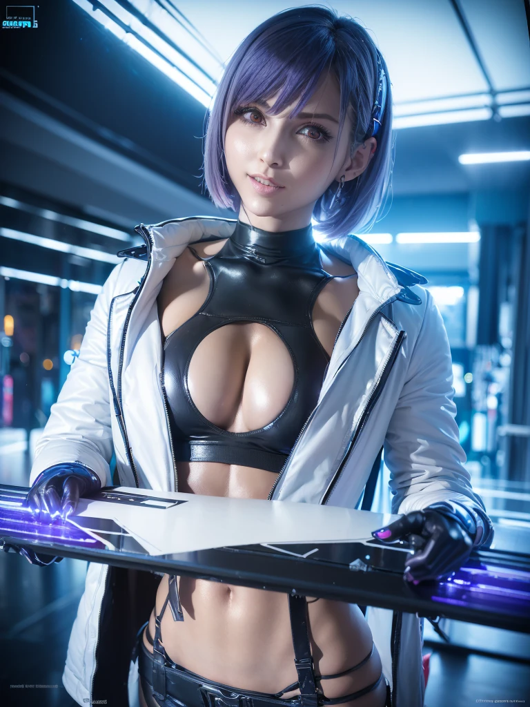 (masterpiece:1.3), (8K、photorealistic, Raw photo, best quality:1.4), (1 girl), (solo), (cute, little:1.3), (very cute face:1.2), (Symmetrical perfect face), ((beautiful silver bob cut hairstyle)), bangs, hair is messy, (intense purple eyes, strong eye highlights, realistic目, beautiful eyelashes), metal belt on body, (wonderful smile:1.2), (flat chest:1.4), (small natural breasts:1.5), (beautiful thighs), perfect anatomy, glowing face, (high detail face: 1.2), dynamic angle, (Stylishly designed white long jacket)Metal belt in linear configuration, Finely crafted metal accessories, black choker, Short black boots), accurate arm, five fingers, accurate legs, black metal ornaments, (Decadent and futuristic urban background in the evening), (cyberpunk background, blade runner), (Flashing blue and purple neon tubes), volume lighting, soft light, bright, Bright colors, realistic, highest quality, photo-realistic, upper body close-up, neon rainbow hair, full clothes, long white cyber metal suit, long white 🧥,oily skin