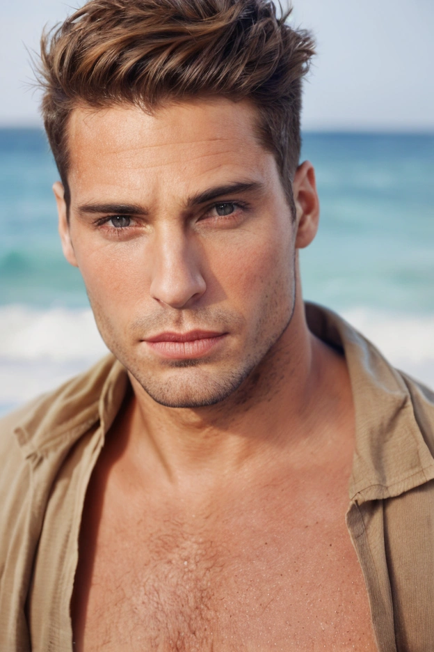 Realistic photo of handsome men ,beach