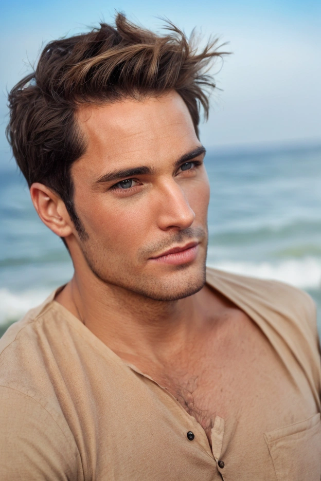 Realistic photo of handsome men ,beach