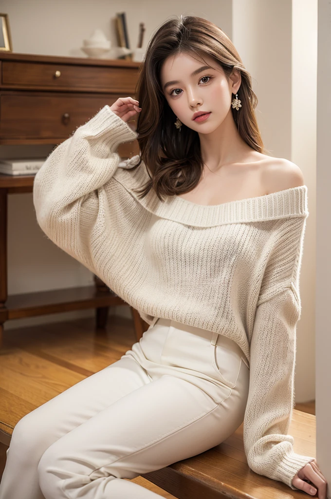 ((best quality)), ((masterpiece)), (detailed), 1 Girl, Off-shoulder sweater,