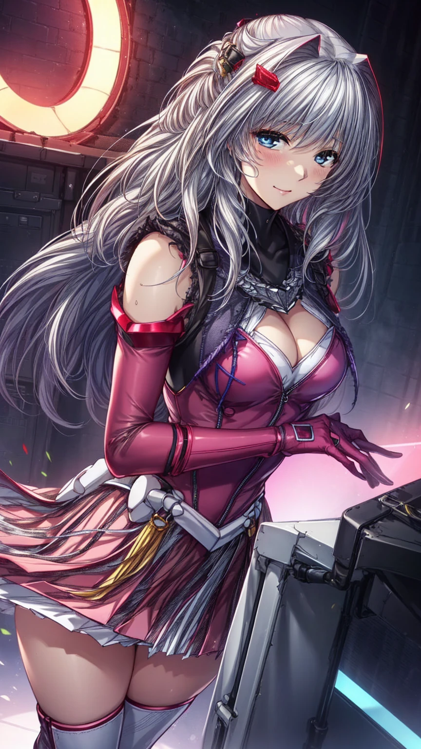 12k,Escalayer,long hair,hair_ornament,red eyes,pink dress,white long glove,thigh_boots, Embarrassing ,blush,,,White panties,,masterpiece,Noise Reduction,Perfect Anatomy,High resolution, Super detailed,Game CG,Dutch Angle ,Beautiful attention to detail,Visual Arts,Five Fingers, Perfect hands, Perfect lighting,,red eyes,(Silver Hair:1.4),(evil smile:1.2),(Inside a futuristic base:1.1)