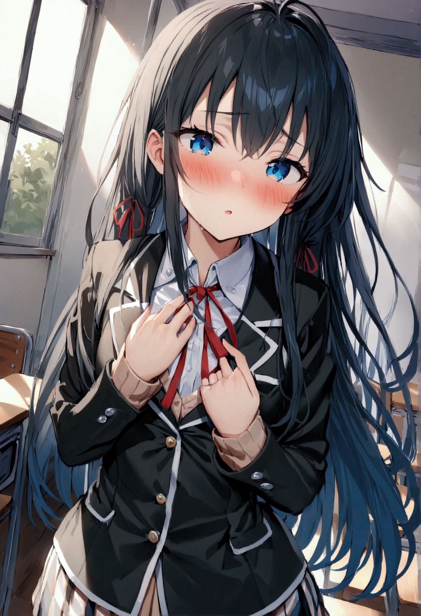 NSFW,masterpiece,Highest quality,High resolution,Super detailed,Yukinoshita Yukino\(My Youth Romantic Comedy is Wrong as Expected\),Black Hair,Long Hair,Light blue eyes,uniform,Small breasts,blush,School,classroom