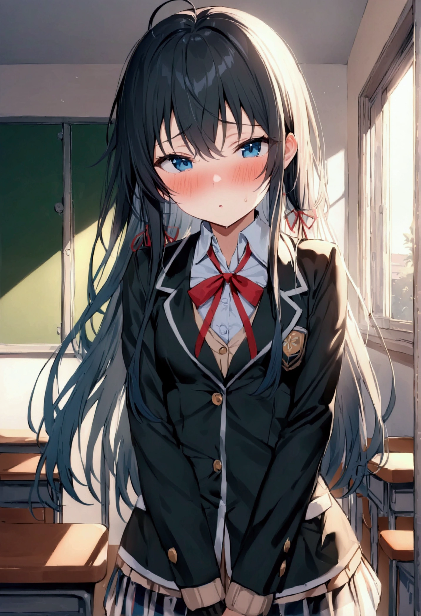 NSFW,masterpiece,Highest quality,High resolution,Super detailed,Yukinoshita Yukino\(My Youth Romantic Comedy is Wrong as Expected\),Black Hair,Long Hair,Light blue eyes,uniform,Small breasts,blush,School,classroom