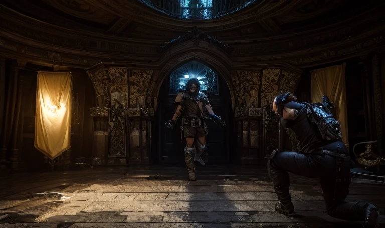 2men inside castle, Nikon, cinematic lighting, accurate, anatomically correct, textured skin, super detail, highres, 8k