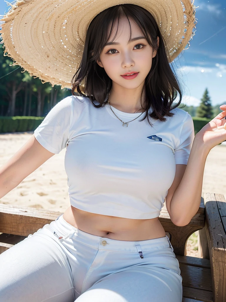Look at this and smile、Colorful summer clothes、top quality、masterpiece、超High resolution、(actual:1.4)、Very wide lens、close up、Young woman beautiful、Nice detailed eyes and skin、smile、Short brown hair haircut、bust、Small necklace、、straw fedora hat、、winter snow、(highest image quality: 1.35), high quality, Realistic photo, (A beautiful woman:1.33), beautiful expression, (delicate eyes:1.3), (delicate face:1.3), Smile, (light hair silhouette:1.2), Super detailed , high resolution, Athletic figure, (big breasts:1.25), (long hair:1.2), (beautiful woman), (Cute navel:1.2), ( Depth of field f/1.8:1.45 ), sharp focus, original image , (Thin white shirt:1.45), (Thin white pants:1.4), (Thin white tight pants:1.4 ), (shirt thin white eyelashes:1.4), (thick thighs:1.5), (forward facing:1.25), (cowboy photo:1.4), (night sports:1.4), ( dark sky:1.5 ),