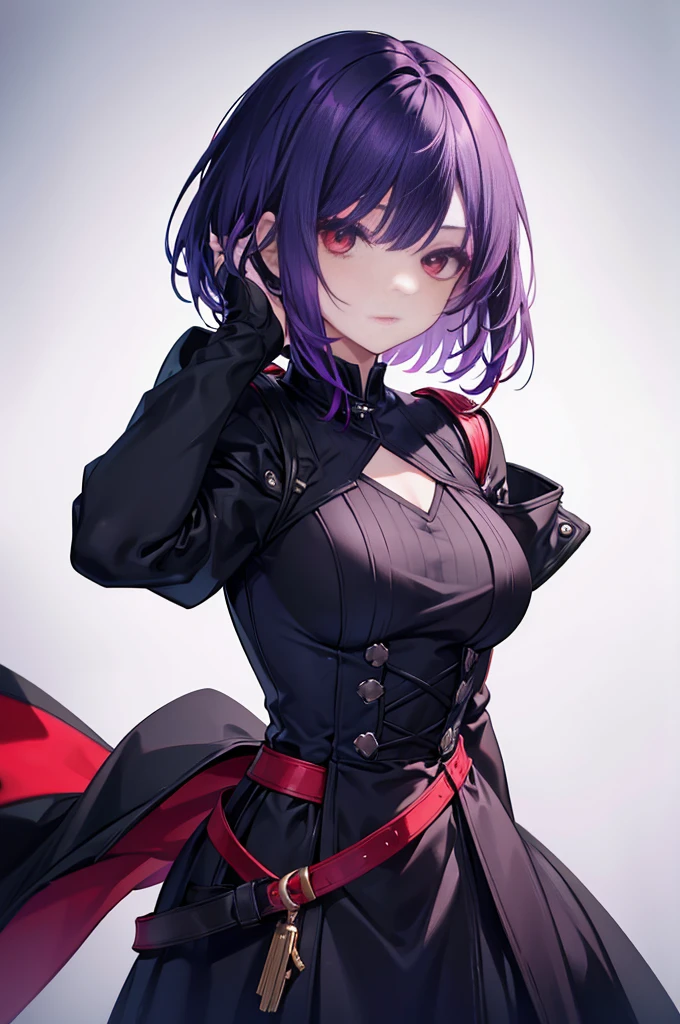 a beautiful girl with violet hair wearing a black dress, extremely detailed facial features, bob haircut, woman wearing a long black and red coat, solo character, white background, anime style, very detailed, photorealistic, 8k, best quality, masterpiece, red eyes, short hair