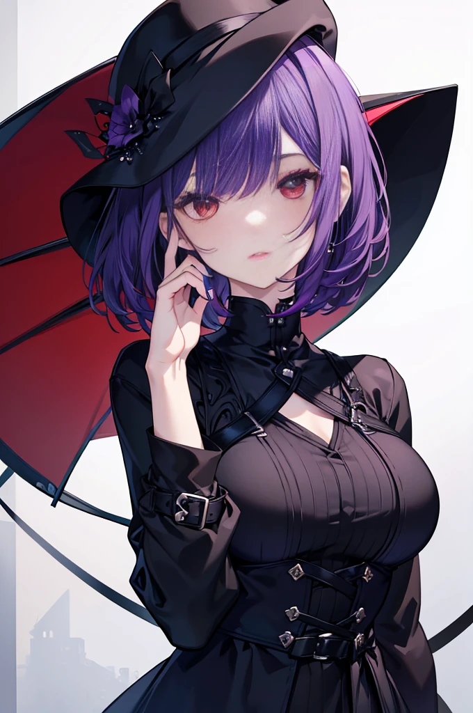 a beautiful girl with violet hair wearing a black dress, extremely detailed facial features, bob haircut, woman wearing a long black and red coat, solo character, white background, anime style, very detailed, photorealistic, 8k, best quality, masterpiece, red eyes, short hair