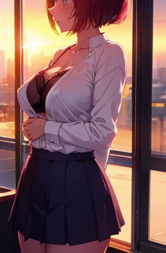 Open blouse,Nipples are visible,large breasts are visible,Short skirt,classroom,window,Sunset,Holding a bra