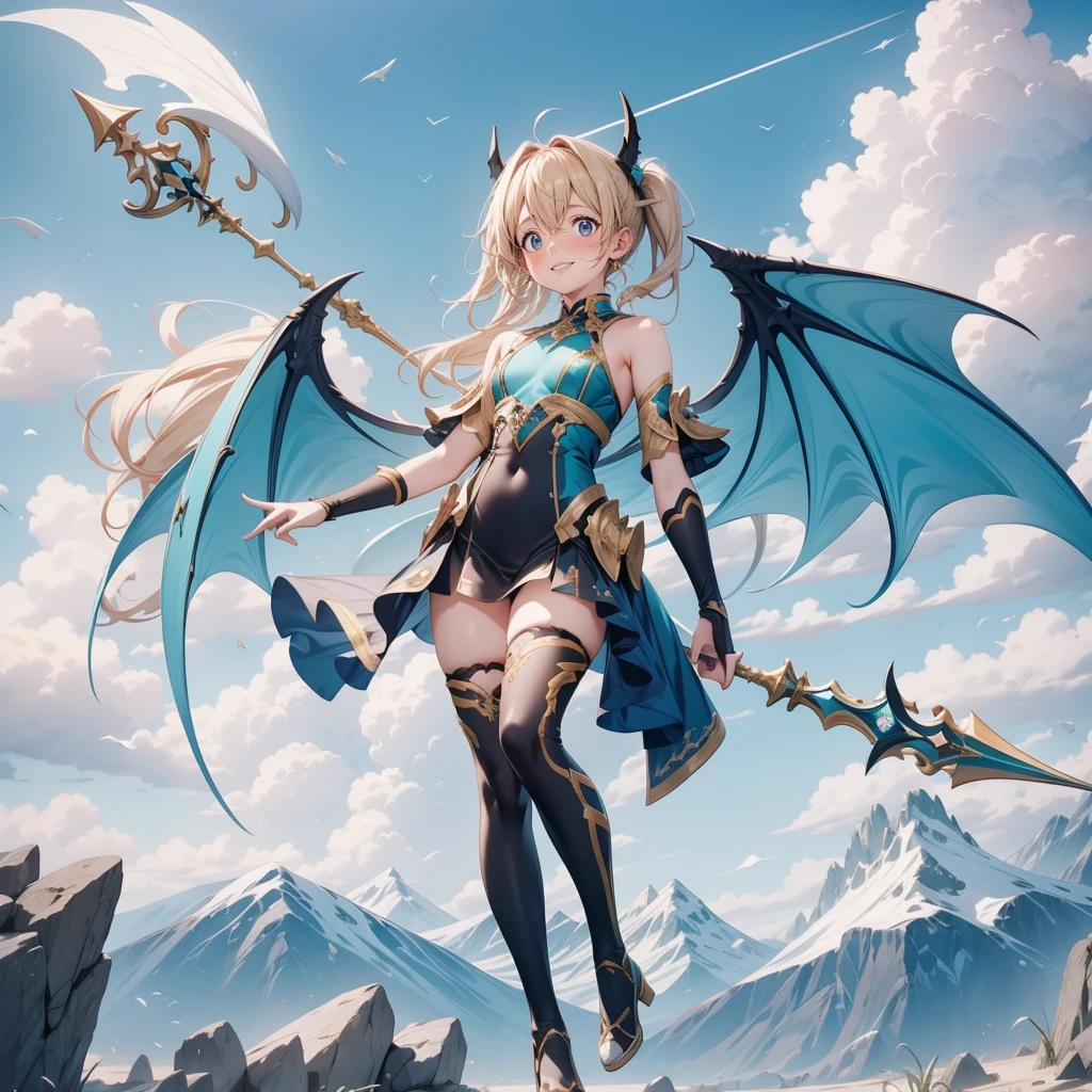 (Turquoise fantasy style) ,(8K),(illusory),Solitary,1 Girl,Yellow hair, Devil's Point,Gradient Wing, Practical, best quality, masterpiece, Ultra Detailed, Ultra-high resolution,rest (outdoor),Flying in the sky,moon,spear,Look at the audience,Scary face