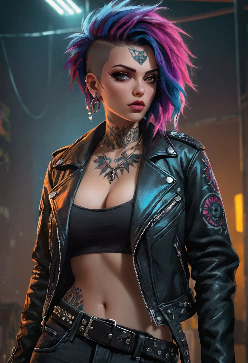 a female punk rocker with large breasts, rebellious and avant-garde, disheveled hair, detailed facial features, extremely detailed eyes and face, long eyelashes, intricate tattoos, multiple piercings, leather jacket, ripped jeans, heavy makeup, dark moody lighting, dramatic shadows, vibrant colors, neon highlights, grunge texture, dynamic pose, high contrast, digital painting, concept art, cinematic composition, (best quality,4k,8k,highres,masterpiece:1.2)