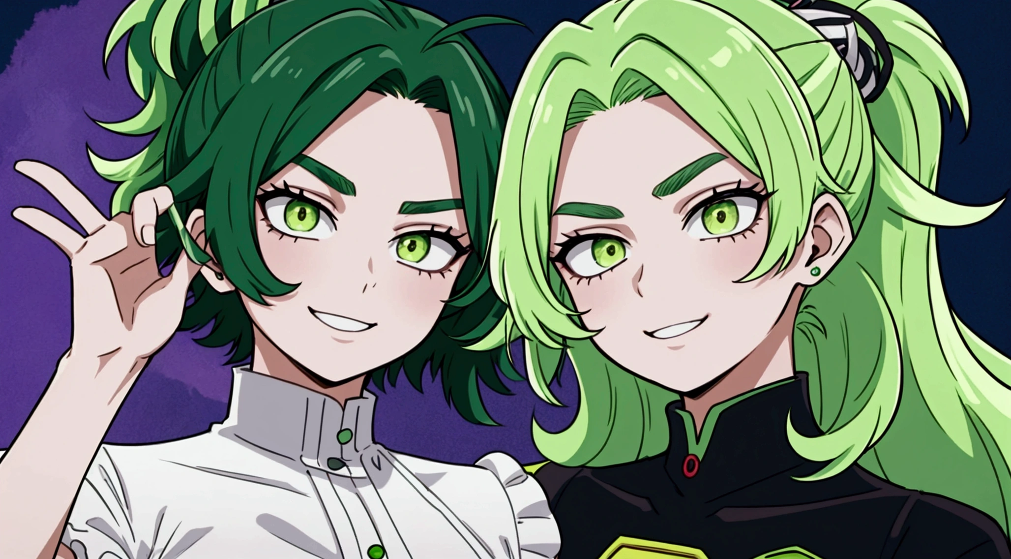 MHA's Lady Nagant is a strong woman with an anime style characteristic of the series. She has vivid green hair, with lime green parts, and a messy, unusual hairstyle. Your eyebrows are short, and her cute look is accentuated by lemon-colored eyes. Her hair is a mix of dark and light strands., creating a unique and attractive visual effect. Lady Nagant wears a neon green heroic costume, and her appearance is complemented by a charming smile and soft lips. The lighting around you highlights the beauty of your voluminous hair and the sophistication of your black outfit., creating a stunning and memorable image.