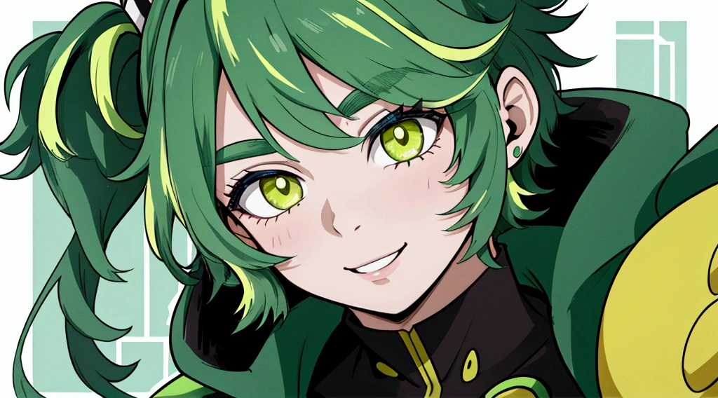 MHA's Lady Nagant is a strong woman with an anime style characteristic of the series. She has vivid green hair, with lime green parts, and a messy, unusual hairstyle. Your eyebrows are short, and her cute look is accentuated by lemon-colored eyes. Her hair is a mix of dark and light strands., creating a unique and attractive visual effect. Lady Nagant wears a neon green heroic costume, and her appearance is complemented by a charming smile and soft lips. The lighting around you highlights the beauty of your voluminous hair and the sophistication of your black outfit., creating a stunning and memorable image.