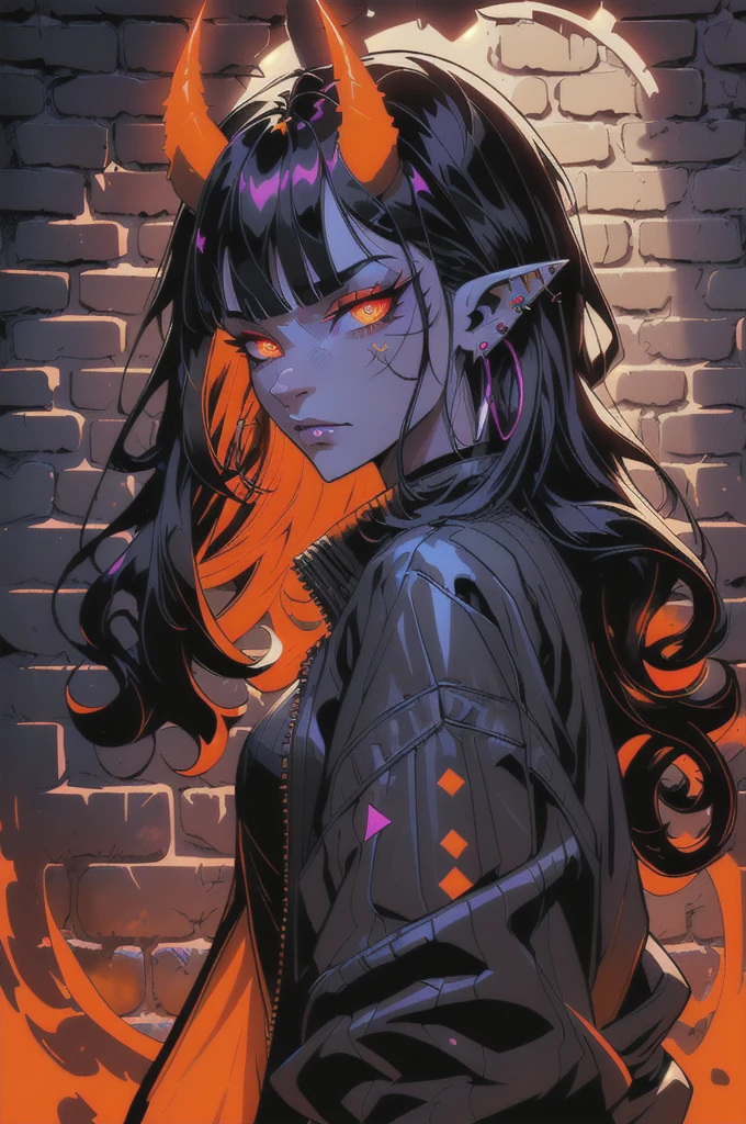 blacklightdskStyle, 1girl, solo, long hair, looking at viewer, bangs, black hair, hair between eyes, jewelry, closed mouth, jacket, upper body, multicolored hair, earrings, horns, pointy ears, from side, orange eyes, glowing, piercing, slit pupils, demon horns, ear piercing, glowing eyes, brick wall, masterpiece, official art, absurdres, 32k UHD, 4 point perspective, vantage point, 