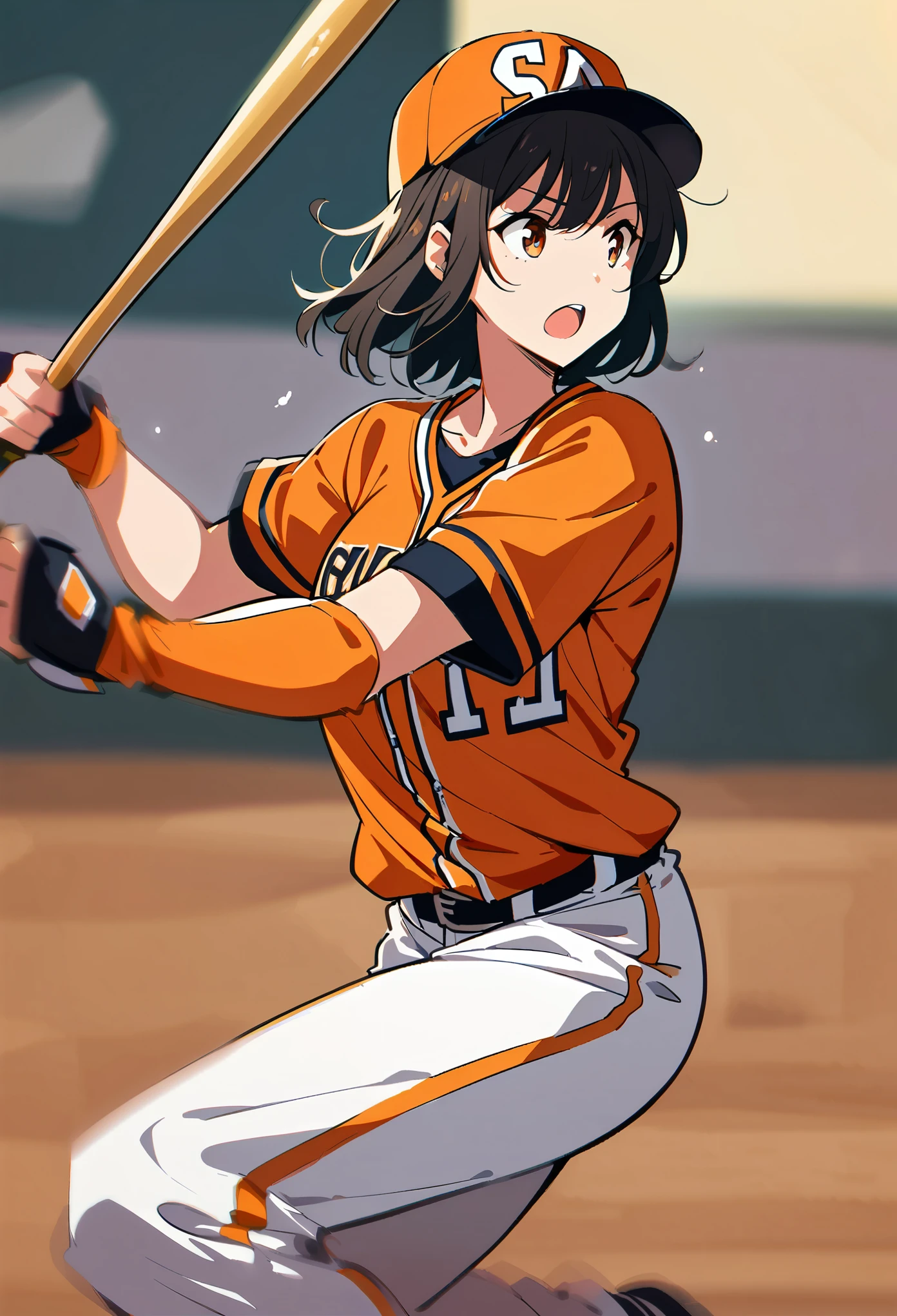 ((1 Female, Pro baseball player)), Black Hair, short hair, Brown eyes, Saitama Astraia, ((Baseball Player:1.2, Bat Swing, Motion Blur Effect)), Orange and white baseball uniform, Pants Style, Baseball Cap, Batter&#39;s swing, ((Detailed bat, Wooden bat)), Sharp Eyes, Accurate batting, The ball flies in an arc, Stadium frenzy, Back screen and scoreboard, Cheering squad in the audience, Lively atmosphere, Dynamic Angle, stadium lighting, ((Anime illustration)), (Highest quality:1.2, Very detailed, Ultra-high resolution, High Detail, masterpiece:1.2, Best aesthetics).