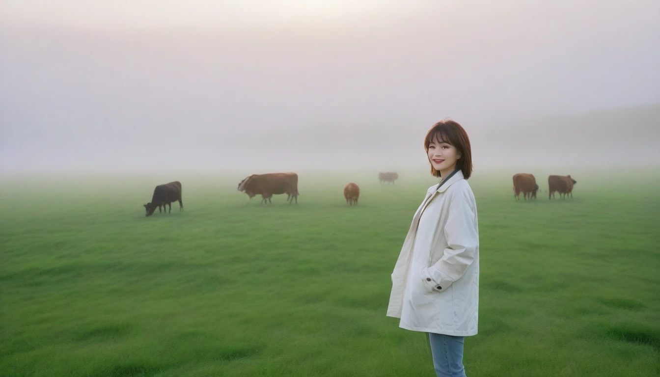 beautiful scenery, 8K Top Quality, Vivid picture quality, 1 woman, Beautiful 36-year-old Korean woman, Chest size 34 inches, Model-level beautiful woman, Smile. Napa Valley, California, USA, dawn, green meadow in the fog far away, Cows graze on a pasture in thick fog. The background is realistic and vivid quality.., short medium bob hair, White t-shirt that goes up to the neck , light trench coat, casual pants, Perfect and realistic photos, The background is realistic.. Full body shot with Canon camera 16-35 wide angle lens