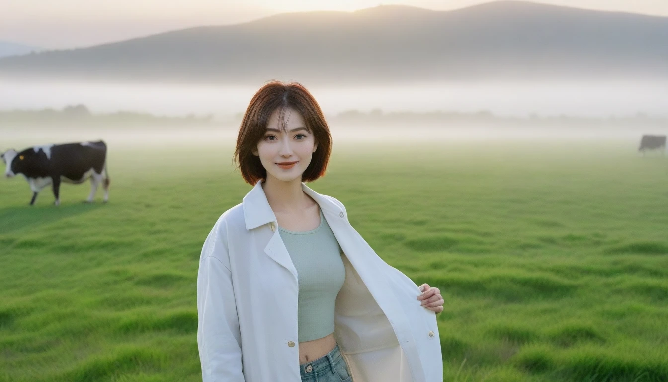 beautiful scenery, 8K Top Quality, Vivid picture quality, 1 woman, Beautiful 36-year-old Korean woman, Chest size 34 inches, Model-level beautiful woman, Smile. Napa Valley, California, USA, dawn, green meadow in the fog far away, Cows graze on a pasture in thick fog. The background is realistic and vivid quality.., short medium bob hair, White t-shirt that goes up to the neck , light trench coat, casual pants, Perfect and realistic photos, The background is realistic.. Full body shot with Canon camera 16-35 wide angle lens