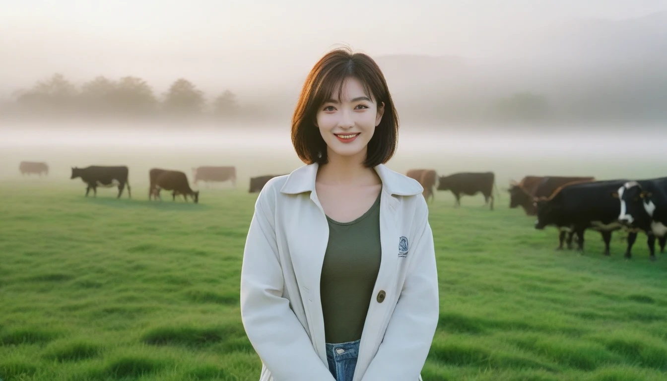 beautiful scenery, 8K Top Quality, Vivid picture quality, 1 woman, Beautiful 36-year-old Korean woman, Chest size 34 inches, Model-level beautiful woman, Smile. Napa Valley, California, USA, dawn, green meadow in the fog far away, Cows graze on a pasture in thick fog. The background is realistic and vivid quality.., short medium bob hair, White t-shirt that goes up to the neck , light trench coat, casual pants, Perfect and realistic photos, The background is realistic.. Full body shot with Canon camera 16-35 wide angle lens