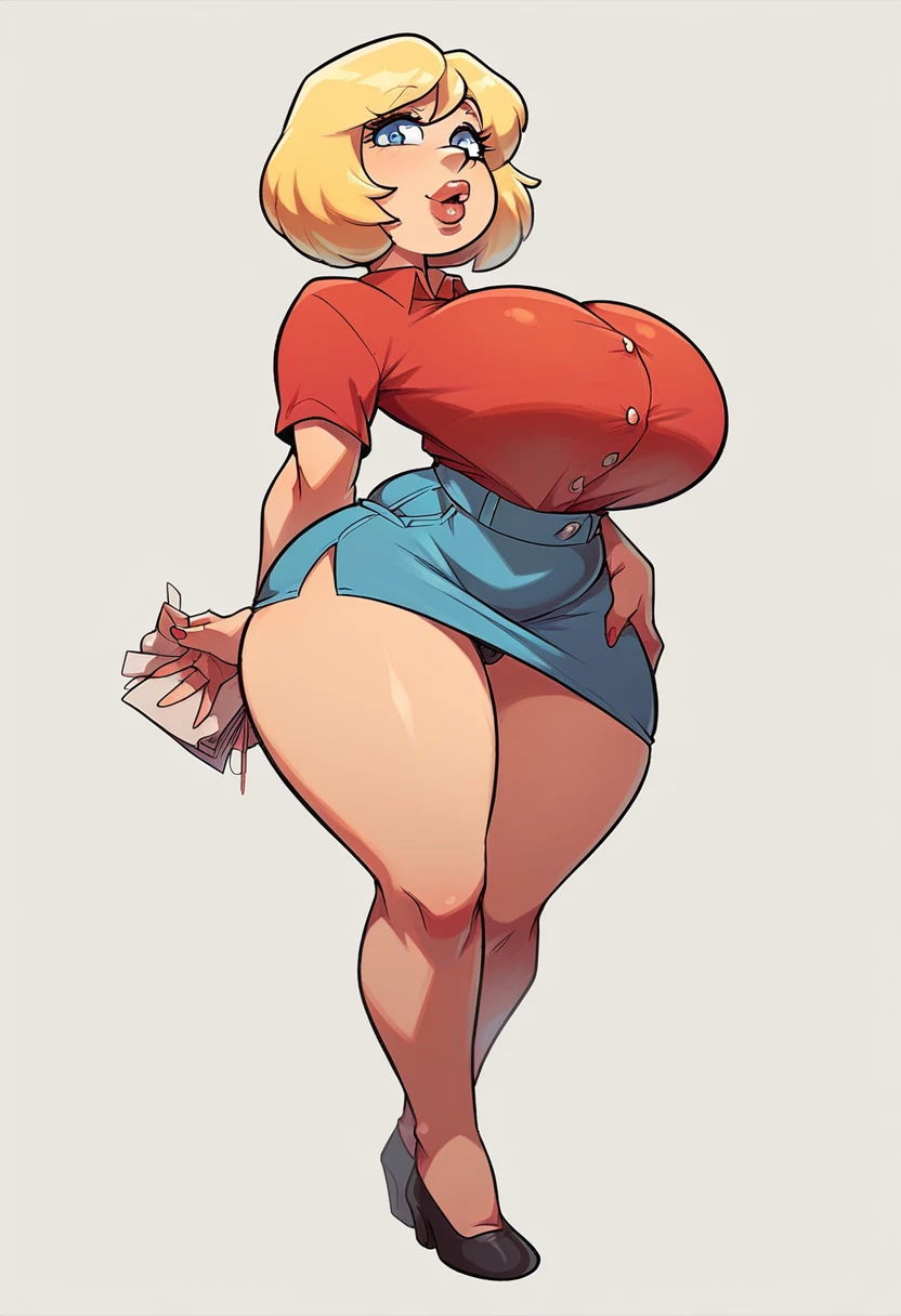 Family guy , female milf, big , Better quality ,lips , Looking , yellow short hair, red shirt , solo ,Huge Breasts , short skirt ,Full body , BLUE pupils