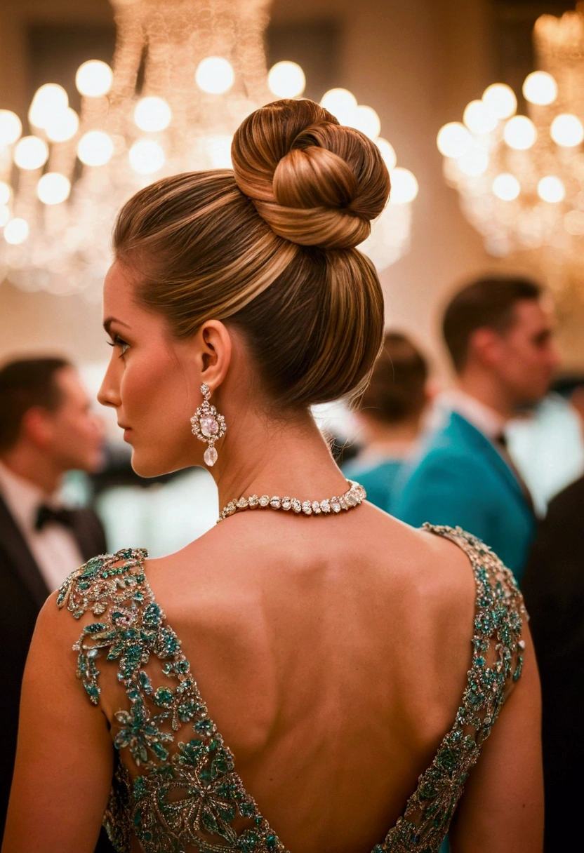 lcaprice, hair bun, elegant dress, jewels, neckleace, attend a chic gala, bokeh