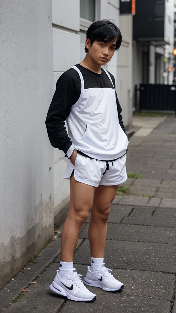 Panda boy with white mesh dress and black white shorts and black white Nike Air Max Alpha
