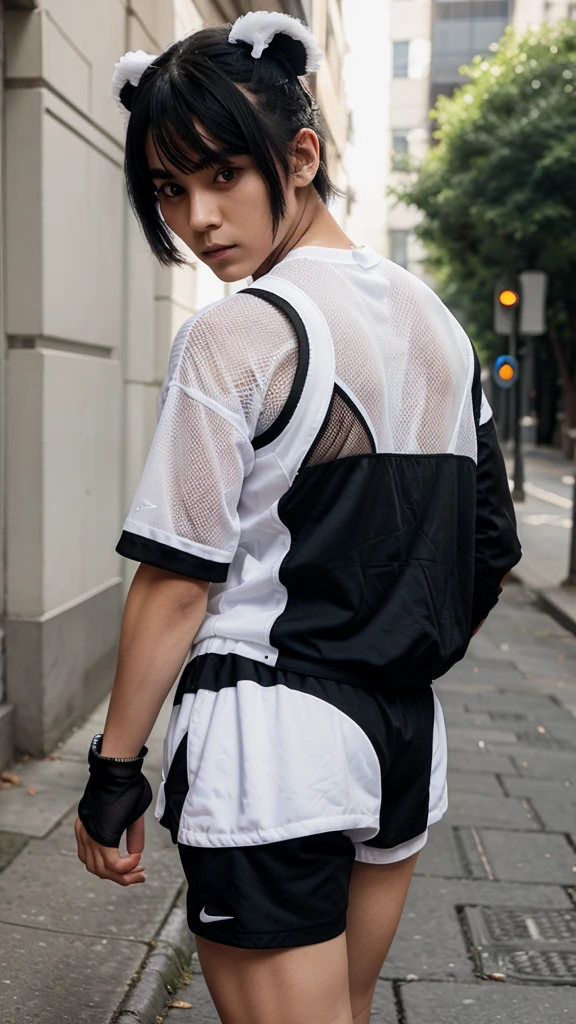 Panda boy with white mesh dress and black white shorts and black white Nike Air Max Alpha