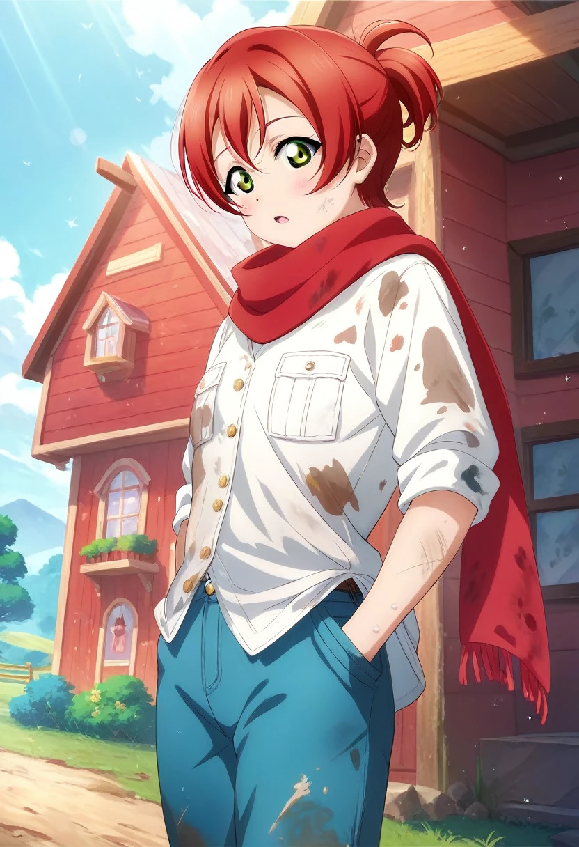 Masterpiece, best quality,Rin Hoshizora, red scarf , dirty, red hair, green eyes, love live style,official art,Country house, blue pants ,hand in pocket ,Worn clothes, poor 