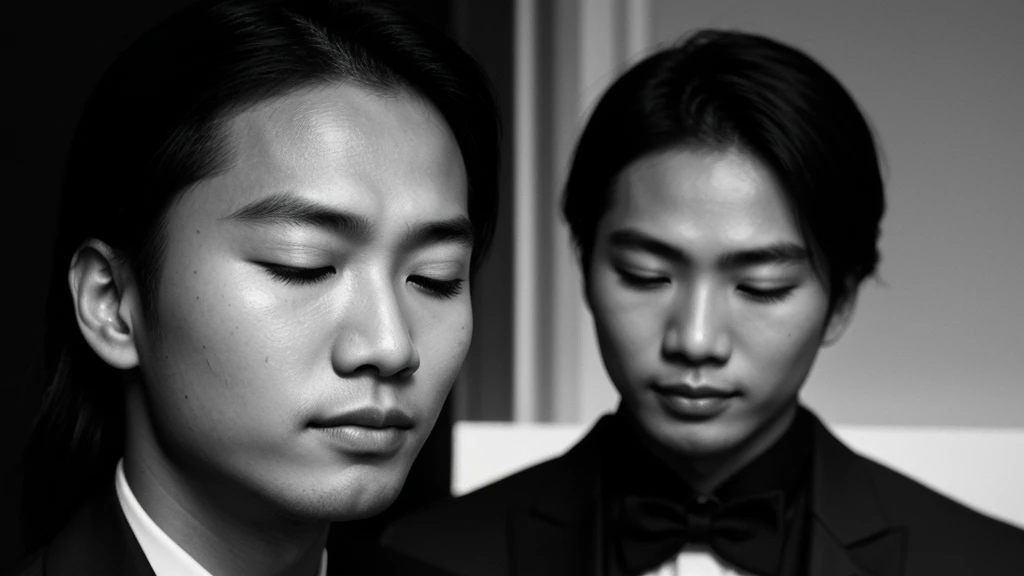 Asian face closeup,closed eyes,elegant men,dark theme, detailed skin, dark background, black and white