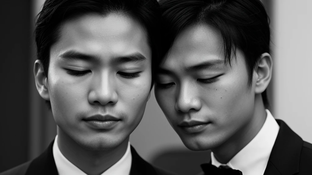 Asian face closeup,closed eyes,elegant men,dark theme, detailed skin, dark background, black and white