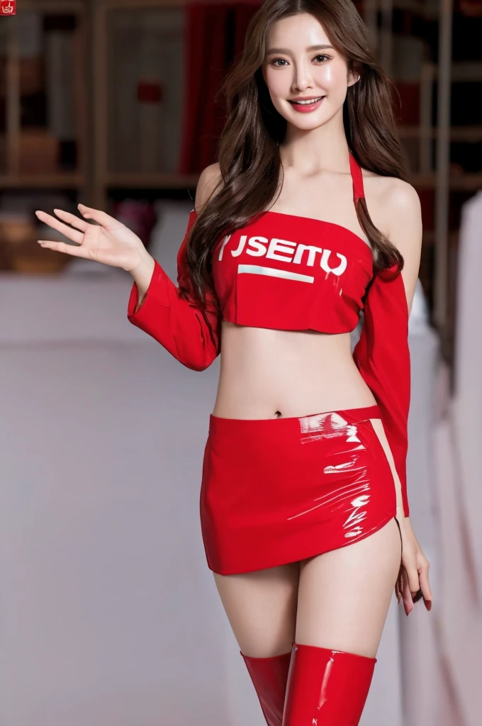 zent, best quality, masterpiece, illustration, realistic, photo-realistic, amazing, finely detail, incredibly absurdres, huge filesize, ultra-detailed, highres, extremely detailed CG unity 8k wallpaper, nsfw, close-up, A captivating race queen with delicate features reminiscent of a popular Korean actress, flaunting a revealing crop top that hugs her slender figure while accentuating her voluptuous bust. Donning a miniskirt that showcases her toned legs, along with thigh-high boots adding allure, her long raven locks cascade over her shoulders. Standing confidently in a sultry pose beside a sleek race car, she waves with a radiant smile, her flawless skin glowing with joy. This close-up portrayal captures her exquisite beauty in stunning detail, embodying the epitome of a gorgeous Korean beauty.