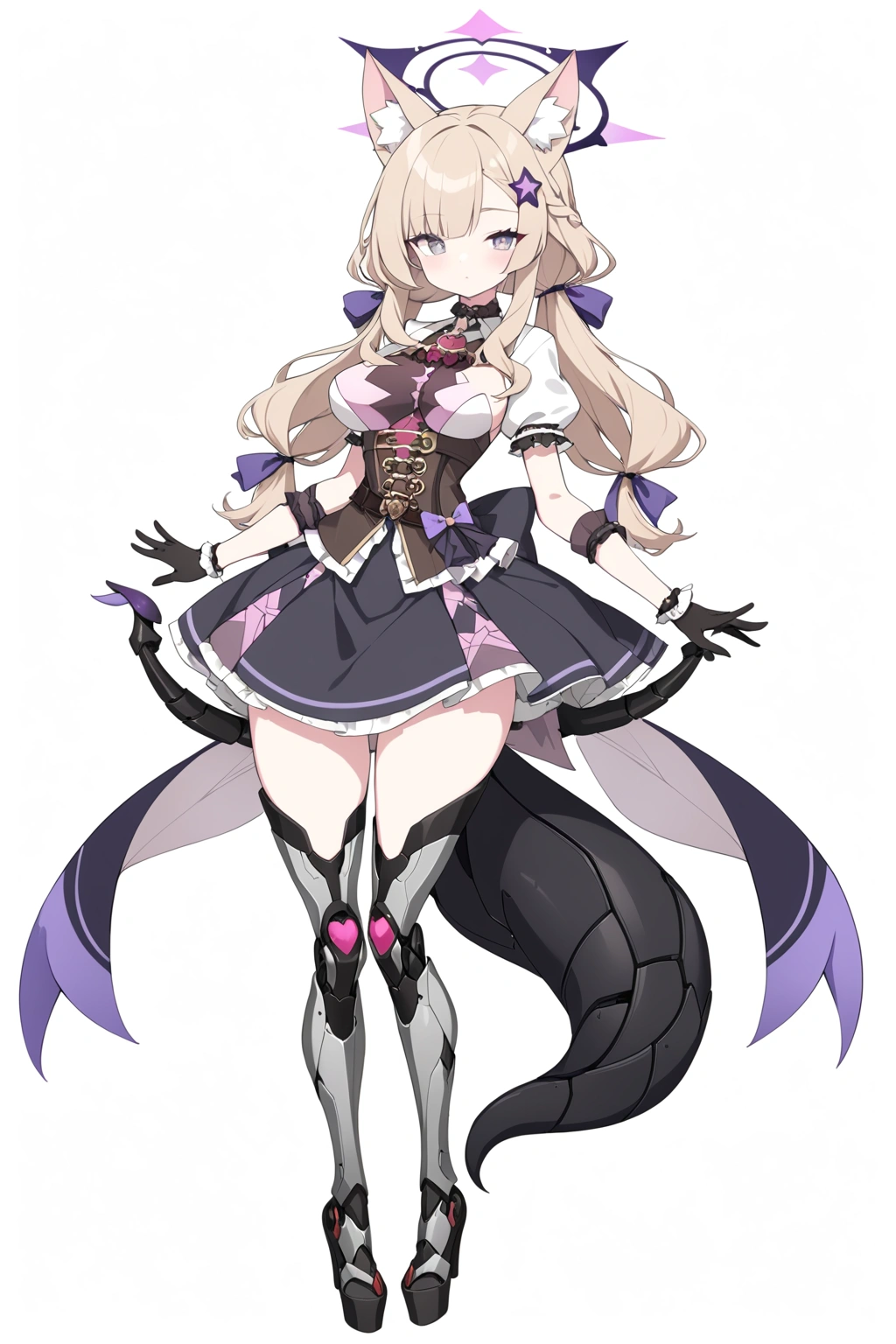woman 170 cm tall. medium chest, wide hip, slim build, ((whole body)). (((character design sheet: front view))). (dark blonde hair, (hip-length wavy hair with asymmetrical bangs, star hairpin), (She has a short braid tied with an elegant purple ribbon on the left side of her hair above her chest). (She has a short braid tied with an elegant purple ribbon on the right side of her hair above her chest). She has small hair ties in the back of her hair..). ((Gray eyes with a pink 4-pointed star in the pupil)). (Two black and purple fox ears located on the top of the head). (Luminous black halo with purple star patterns above his head). He has a black collar with a heart emblem on his neck.. (Elegant long one piece dress, thigh-length lace and ruffle skirt, ribbon decorations and star patterns on the dress). black gloves, Black platform heels. gray belt at the waist with a large ribbon with a luminous pink heart in the middle. ((He has a succubus tail that ends in the shape of a purple heart.)). (((It has complex mechanical legs that reach up to the thighs and are black with small purple details..))). beautiful detailed hair, beautiful detailed dress. extremely detailed arms. extremely detailed face, small face, Beautiful detailed eyes, beautiful detailed lips. adorable. extremely detailed legs. (Best Quality, 4k, high resolution), ultra detailed, Exquisite and epic character art, ((White background)). (Focus on symmetry).