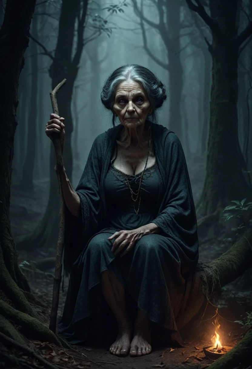 (dark forest ambience) (full body) (sitting) a dark and creepy old tantric woman holding a stick, dreadful face with intense eyes, dark and moody horror ambience, occult ritual, bright face, dark magic, 8k, hyper detailed, photorealistic, dramatic lighting, chiaroscuro, dark fantasy, muted color palette, clear image, ominous atmosphere