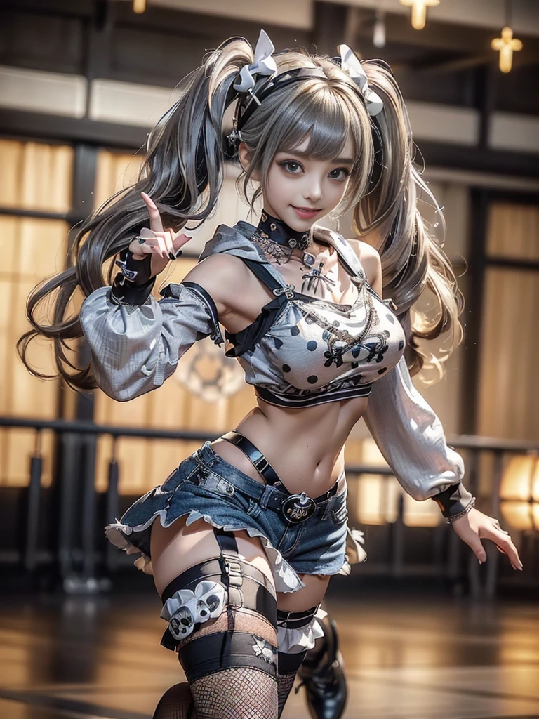 (Full body image:1.2)、(Beautiful lips and nose:1.4)、(Side view:1.1)、(Smiling with teeth showing:1.3),(Fashion Model:1.5)、(Gothic Lolita battle uniform with delicate decoration:1.5)、(White off-shoulder hoodie:1.5)、(black, Silver and white shorts:1.4)、(denim garter belt:1.5)、(black and denim knee socks:1.3)、(Skull Silver Accessories:1.5)、(Lace Color:1.3)、(Brown Skin Belt:1.4)、(Brown boots:1.2)、(Polka dots on underwear:1.4)、23 years old、((Highest quality、In 8K、masterpiece:1.3))、Sharp focus:1.2、(Layered Cut、Huge boobs:1.1),Beautiful woman with perfect figure:1.4、(Dance vigorously:1.3)、Slim Abs:1.2、Highly detailed face and skin texture、Detailed eyes、double eyelid,(Twin tails:1.3)、(Brownish golden hair:1.3)、Idol Sculpture、(The background is a gorgeous dance hall.:1.3)、(The body is slim:1.2),(Slimming your legs:1.4),(clavicle:1.1)